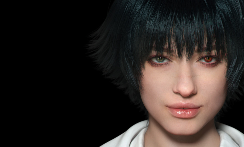 1girl 3d black_background black_hair caucasian devil_may_cry_(series) devil_may_cry_5 heterochromia highres lady_(devil_may_cry) looking_at_viewer official_art photorealistic portrait scar scar_on_face scar_on_nose short_hair simple_background smile solo