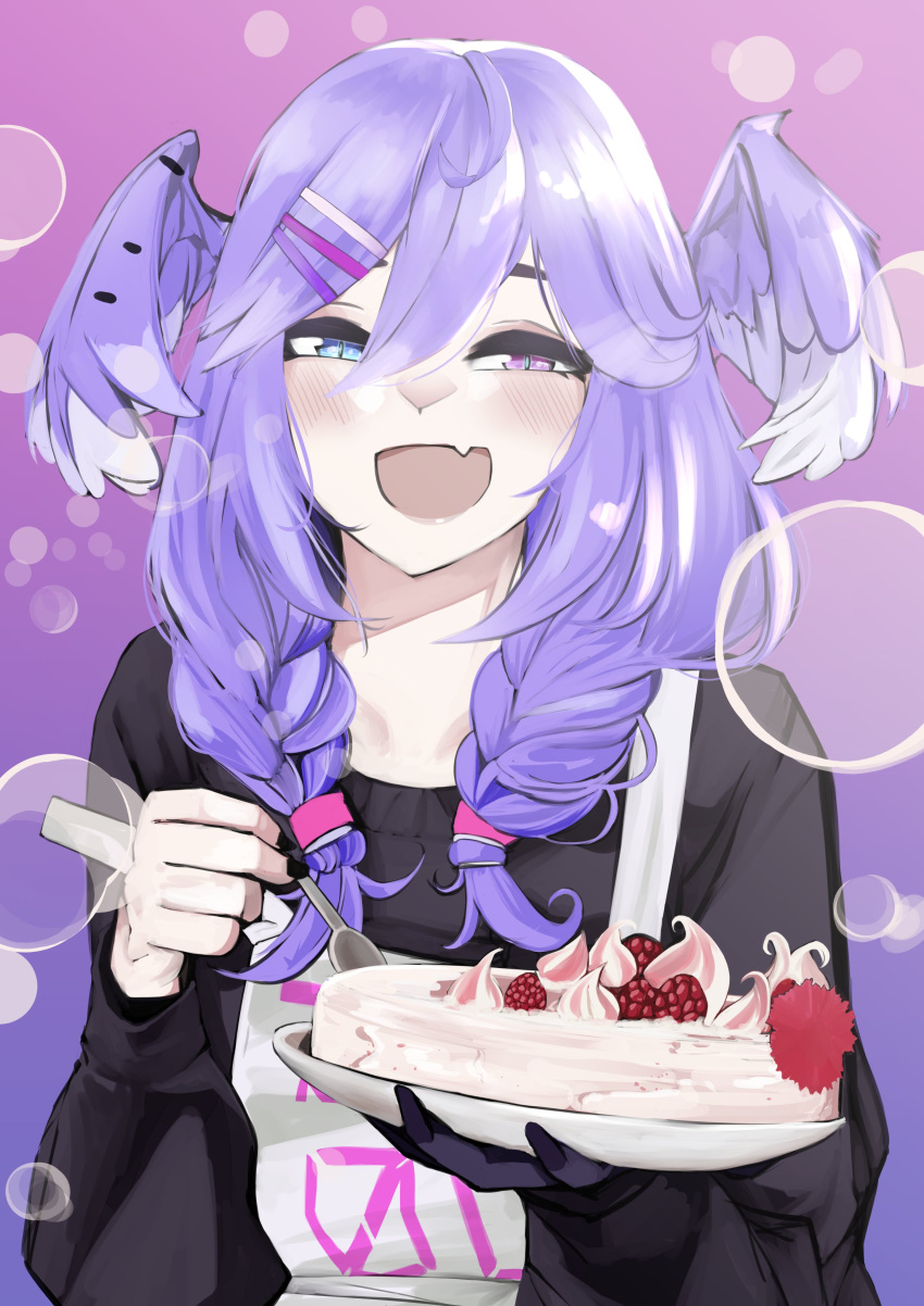 1girl absurdres bangs black_sweater blue_eyes blush braid bubble cake english_commentary fang food hair_ornament hairclip half-closed_eyes head_wings heterochromia highres holding holding_plate medium_hair nijisanji nijisanji_en open_mouth plate purple_hair rain_prophet selen_tatsuki skin_fang smile solo sweater twin_braids violet_eyes virtual_youtuber