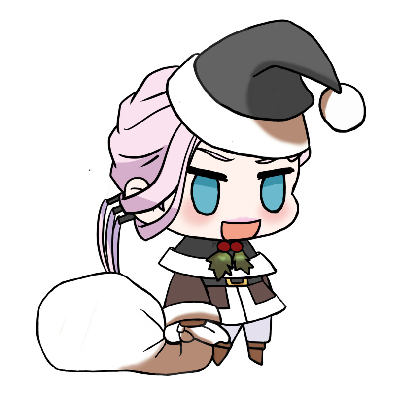 1boy :d alternate_costume blue_eyes blush brown_footwear chibi christmas fate/grand_order fate_(series) fur-trimmed_jacket fur_trim gift_bag grey_headwear hat highres holding holding_sack jacket kkeiixxx long_hair long_sleeves male_focus meme no_pupils padoru_(meme) pink_hair red_headwear sack santa_costume santa_hat scandinavia_peperoncino smile solo white_background