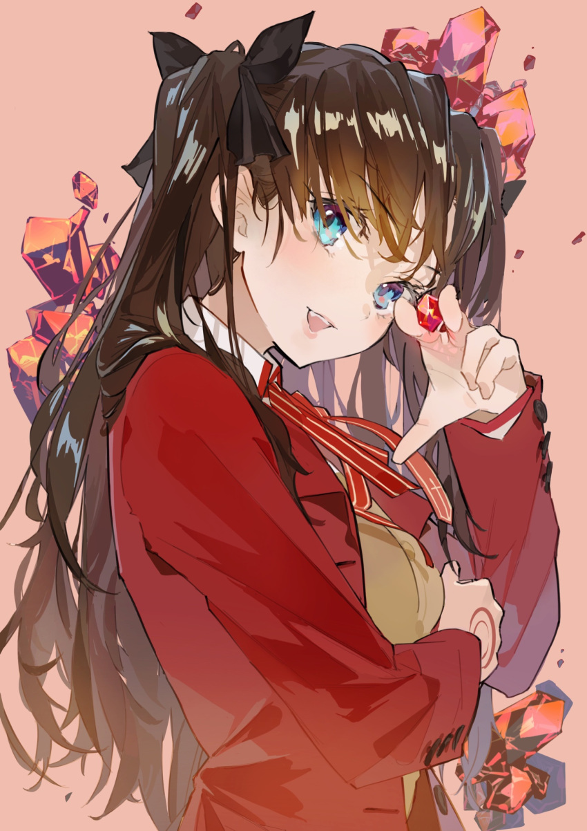 1girl :d bangs black_hair blue_eyes breasts command_spell fate/stay_night fate_(series) gem highres long_hair looking_at_viewer na_na_yu_ta school_uniform smile solo teeth tohsaka_rin two_side_up