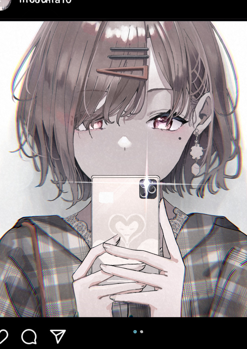 1girl absurdres amane_kashiko cellphone commentary earrings eyebrows_visible_through_hair hair_ornament hairclip hairpin highres higuchi_madoka holding holding_phone idolmaster idolmaster_shiny_colors instagram jacket jewelry lace-trimmed_shirt lace_trim letterboxed looking_at_phone mole mole_under_eye phone plaid plaid_jacket red_eyes redhead selfie shirt short_hair solo sparkle upper_body