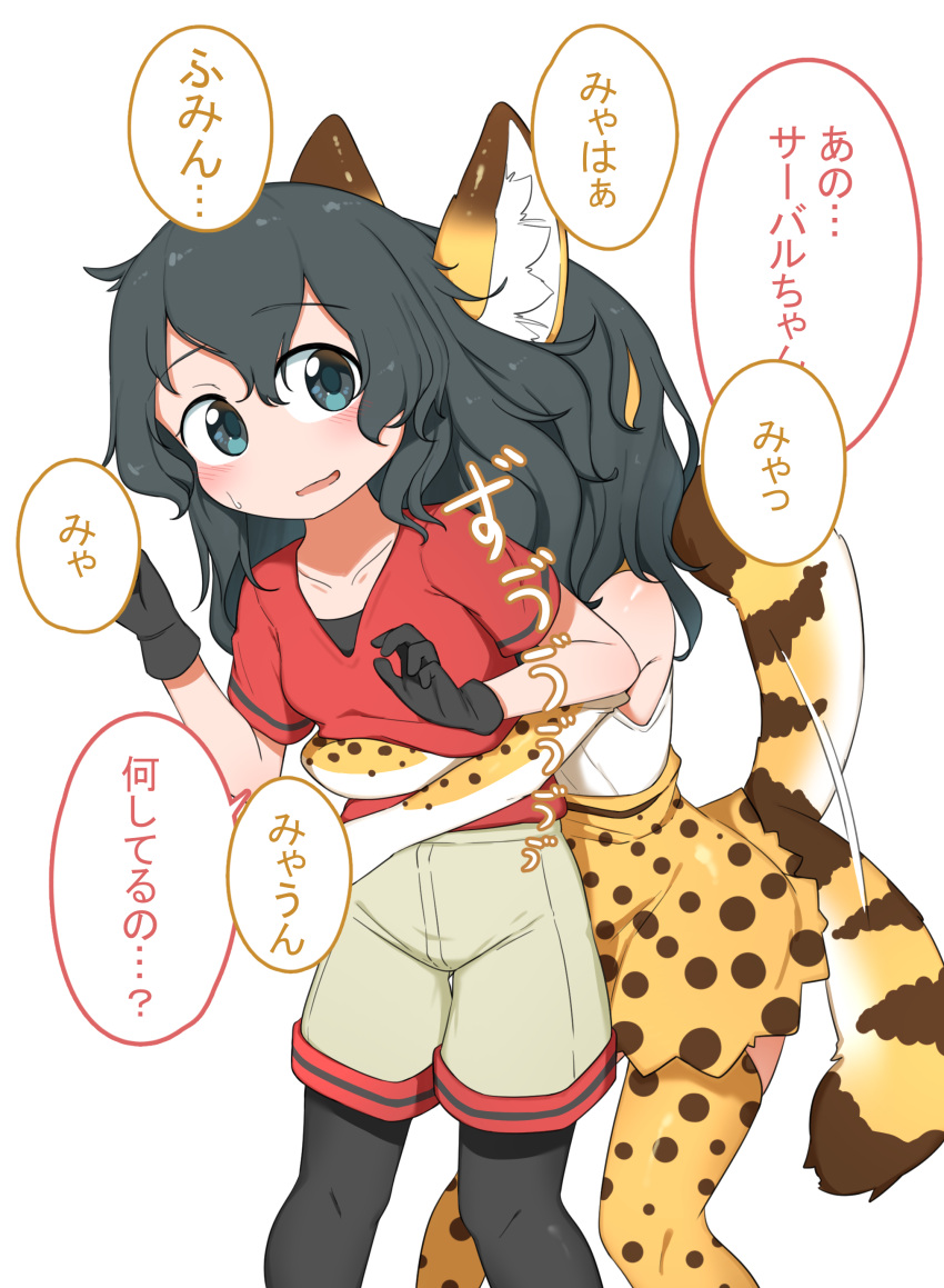 2girls absurdres afterimage alternate_hair_length alternate_hairstyle animal_ears bangs black_gloves black_hair black_legwear blush chis_(js60216) commentary elbow_gloves gloves grey_shorts high-waist_skirt highres hug hug_from_behind kaban_(kemono_friends) kemono_friends legwear_under_shorts multiple_girls open_mouth pantyhose print_gloves print_legwear print_skirt red_shirt serval_(kemono_friends) serval_print shirt short_sleeves shorts simple_background skirt sleeveless sleeveless_shirt smelling_hair smile sweatdrop t-shirt tail tail_wagging thigh-highs translated wavy_hair white_background white_shirt yellow_gloves yellow_legwear yellow_skirt