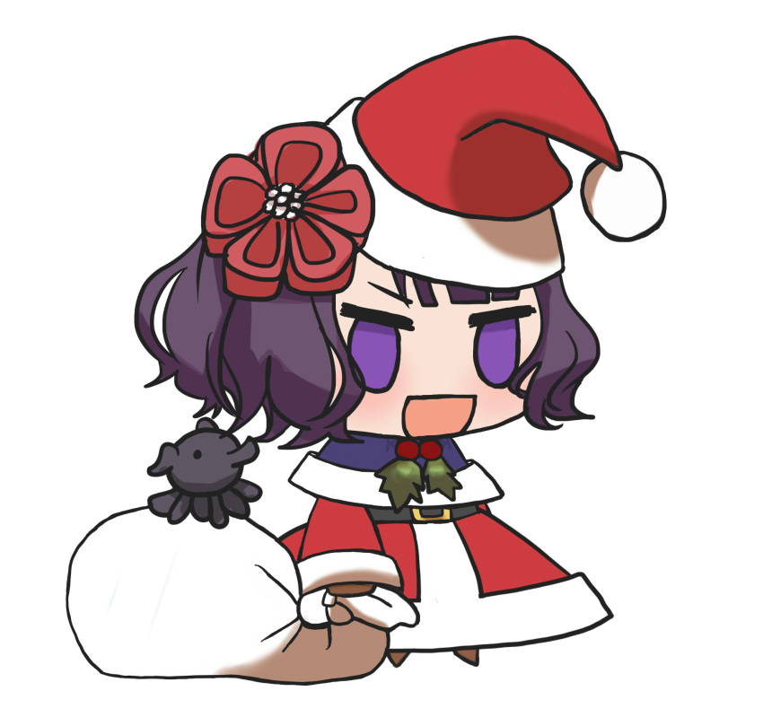 1girl :d alternate_costume blush brown_footwear chibi christmas creature fate/grand_order fate_(series) fur-trimmed_jacket fur_trim gift_bag hat highres holding holding_sack jacket katsushika_hokusai_(fate) kkeiixxx long_sleeves meme no_pupils padoru_(meme) pants red_headwear red_jacket red_pants sack santa_costume santa_hat smile solo tokitarou_(fate) violet_eyes white_background