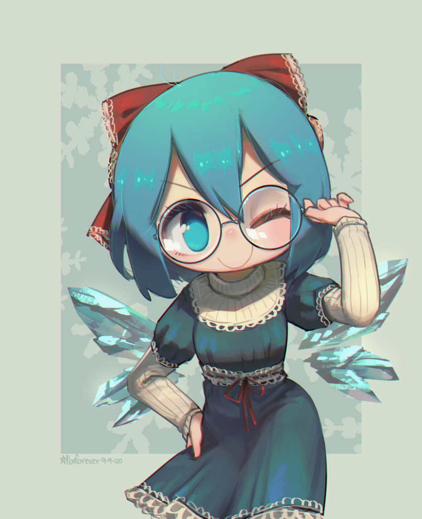 1girl ;) absurdres adapted_costume artist_name bangs bespectacled blue_dress blue_eyes blue_hair bow c: cirno cirno_day commentary dated dress english_commentary glasses hair_between_eyes hair_bow hand_on_hip highres ice ice_wings long_sleeves looking_at_viewer one_eye_closed porforever red_bow round_eyewear short_hair simple_background smile solo touhou v-shaped_eyebrows wings