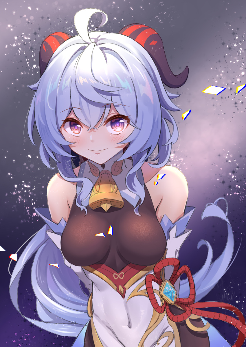 1girl absurdres ahoge bangs bare_shoulders bell blue_hair blush breasts covered_navel curled_horns detached_sleeves eyebrows_visible_through_hair fujiko_sugi ganyu_(genshin_impact) genshin_impact gold_trim highres horns long_hair looking_at_viewer medium_breasts multicolored_eyes neck_bell sidelocks smile solo white_sleeves