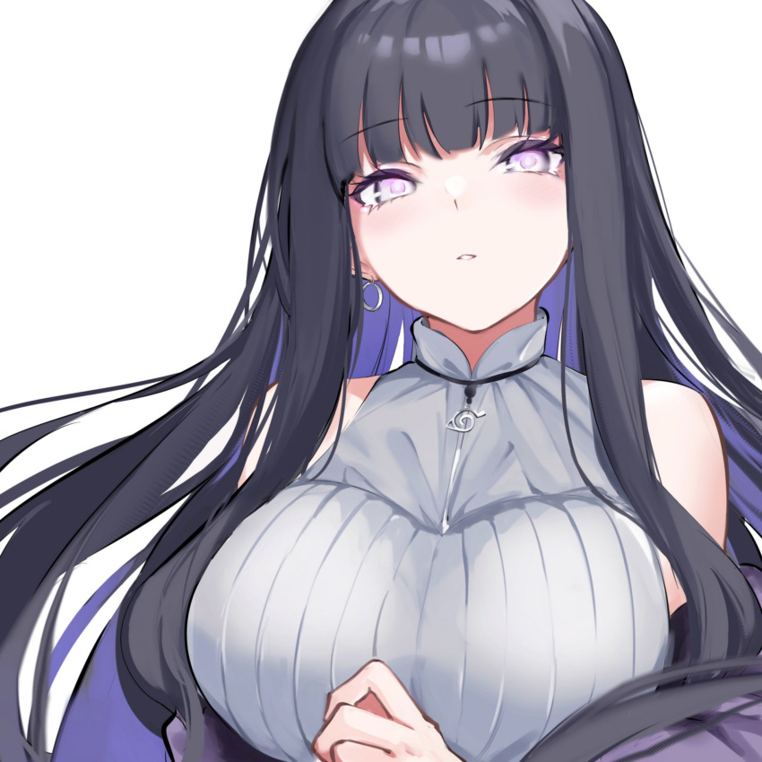 1girl bangs bare_shoulders black_hair blunt_bangs breasts earrings eyebrows_visible_through_hair grey_sweater highres hyuuga_hinata jewelry large_breasts long_hair looking_at_viewer naruto_(series) naruto_shippuuden simple_background sleeveless sleeveless_sweater solo spider_apple sweater underwear upper_body violet_eyes white_background