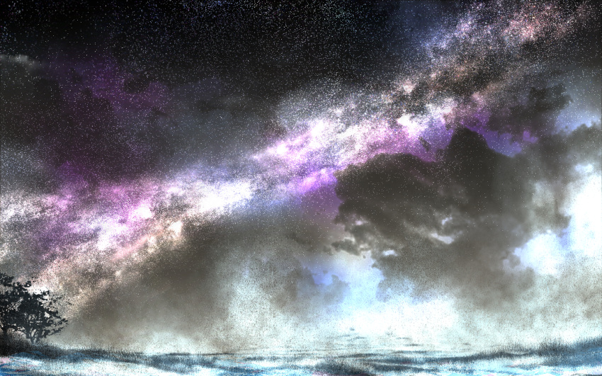 clouds cloudy_sky galaxy night no_humans original saya_(pixiv6311273) scenery sky snowing star_(sky) starry_sky tree