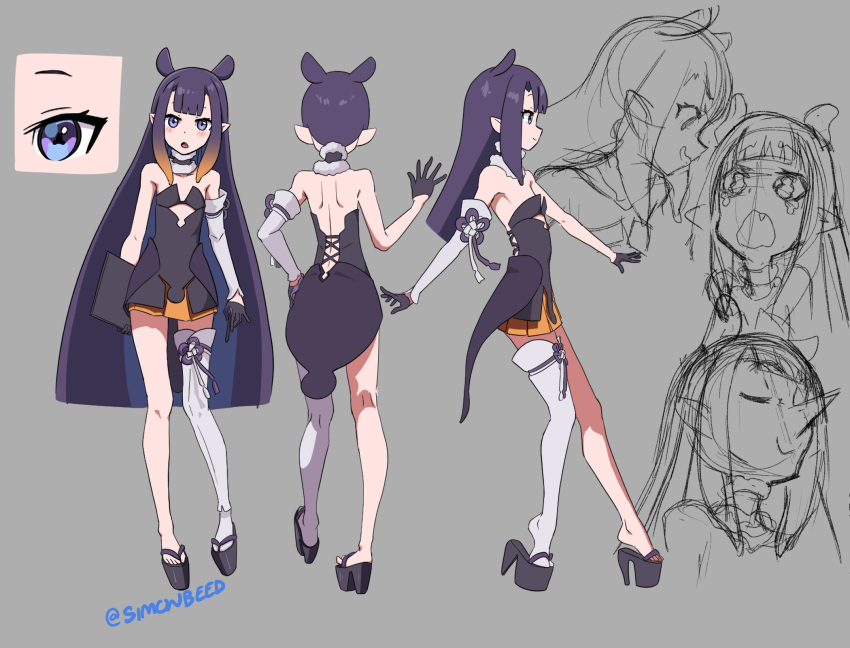 1girl :o bangs black_dress blush character_sheet detached_sleeves dress english_commentary eyebrows_behind_hair fang hair_behind_ear high_heels highres hololive hololive_english long_hair multiple_views ninomae_ina'nis open_hands open_mouth platform_footwear pointy_ears purple_hair simonbeed single_detached_sleeve single_thighhigh sketch strapless strapless_dress tearing_up thigh-highs tube_dress unfinished very_long_hair violet_eyes virtual_youtuber walking