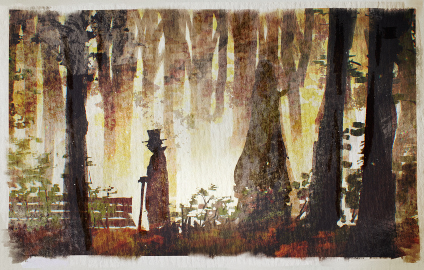 2boys absurdres cane cape chinese_commentary commentary_request facing_away fence framed god hat highres holding holding_cane klein_moretti lord_of_the_mysteries momokurihara multiple_boys plant short_hair silhouette tall top_hat tree