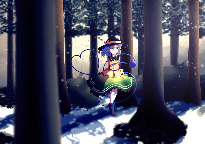 1girl absurdres arms_behind_back blurry depth_of_field eyebrows_behind_hair forest green_eyes green_skirt hat heart heart_of_string highres komeiji_koishi looking_away medium_hair nature outdoors silver_hair skirt smile snow snowing solo standing third_eye touhou tree wrainman