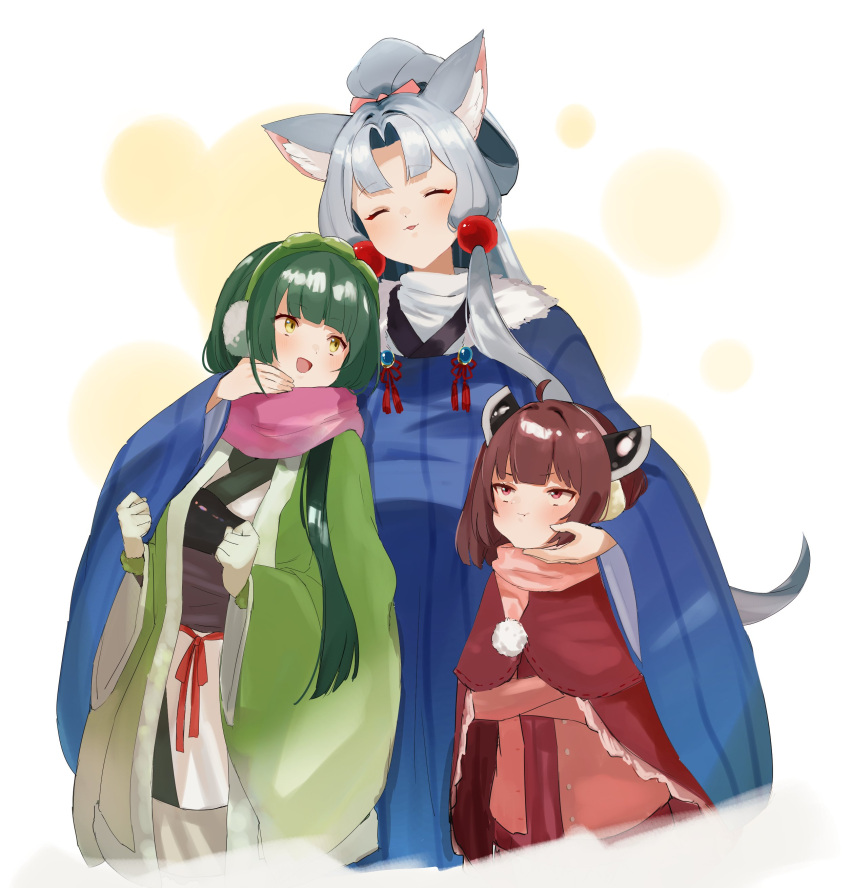 3girls :t absurdres animal_ears bangs beads blue_kimono blunt_bangs blush brown_hair closed_eyes commentary dark_green_hair earmuffs fur-trimmed_kimono fur_trim gloves green_gloves green_jacket grey_hair hair_beads hair_ornament hairband hand_on_another's_cheek hand_on_another's_face headgear highres jacket japanese_clothes kimono long_hair looking_at_another looking_up multiple_girls obi open_mouth pea_pod pink_jacket pink_scarf pom_pom_(clothes) ponytail pout red_eyes red_shawl sash scarf shiny shiny_hair short_hair siblings sidelocks sisters smile touhoku_itako touhoku_kiritan touhoku_zunko upper_body voiceroid white_background white_kimono wide_sleeves wolf_ears yakata_tata yellow_eyes