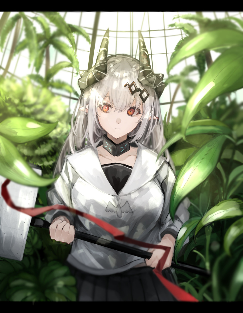 1girl absurdres alternate_costume arknights bangs closed_mouth demon_girl demon_horns emiya_negi eyebrows_visible_through_hair greenhouse hair_ornament hairclip highres holding holding_weapon horns infection_monitor_(arknights) long_hair mudrock_(arknights) pointy_ears red_eyes sailor_collar sailor_shirt shirt silver_hair solo war_hammer weapon