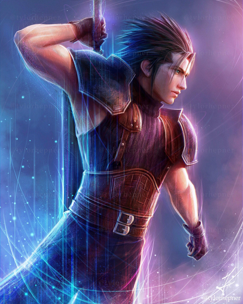 1boy absurdres armor armpits artist_name belt black_gloves black_hair black_pants black_shirt blue_background blue_eyes brown_belt buster_sword cowboy_shot drawing_sword english_commentary final_fantasy final_fantasy_vii gloves highres holding holding_sword holding_weapon instagram_username looking_afar looking_away male_focus pants pauldrons purple_background ribbed_sweater shirt shoulder_armor signature sleeveless sleeveless_sweater sleeveless_turtleneck solo spiky_hair standing suspenders sweater sword turtleneck turtleneck_sweater tylor_hepner visible_air watermark weapon weight_belt zack_fair