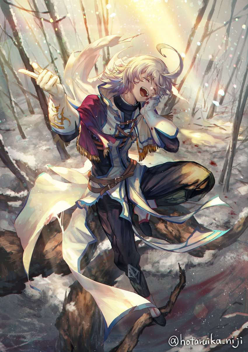 1boy ahoge alloces_(megido72) belt black_pants blood blood_on_clothes capelet closed_eyes commentary_request gloves gold_trim highres hotaruika_niji megido72 open_mouth outdoors pants scarf shoes silver_hair snow solo white_gloves