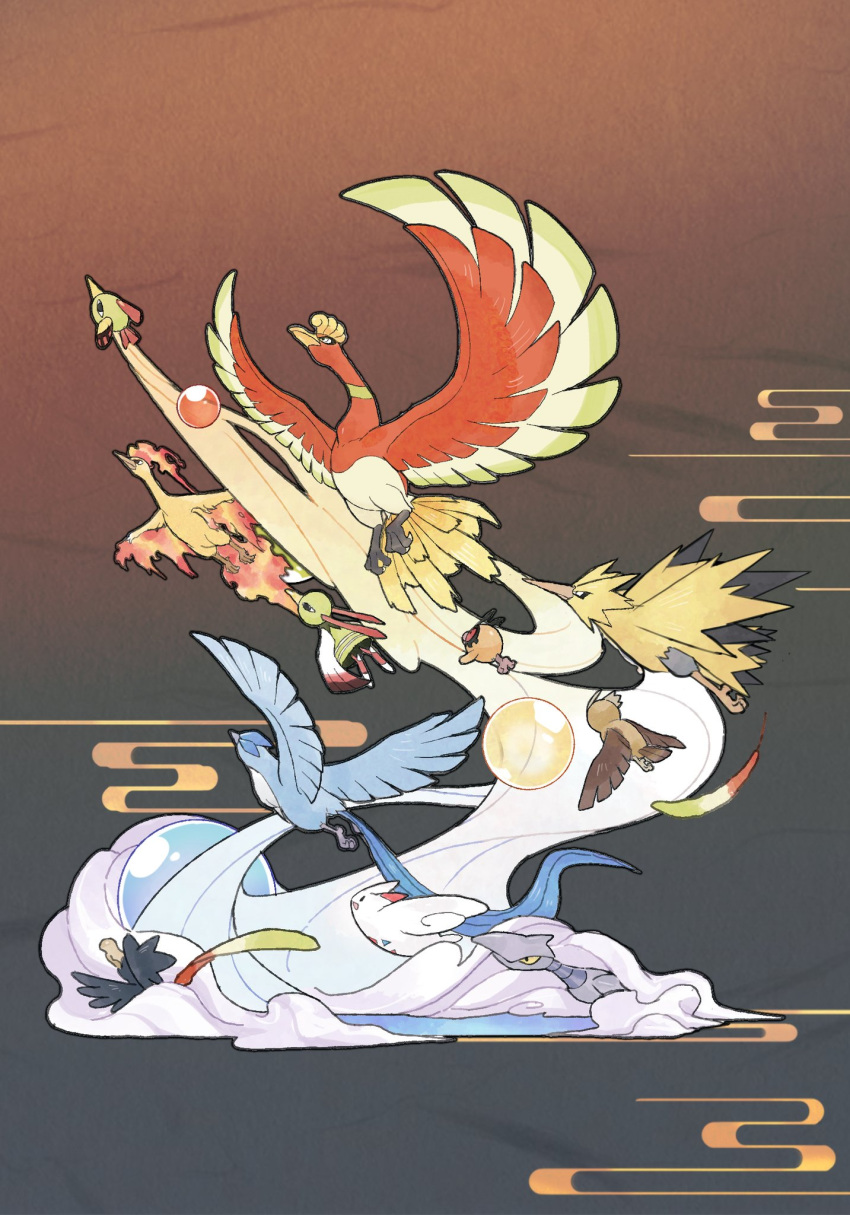 articuno beak bird closed_mouth commentary_request flying highres ho-oh hoothoot lanjiujiu looking_up moltres murkrow natu no_humans noctowl open_mouth owl pokemon pokemon_(creature) rainbow_wing_(pokemon) skarmory smile talons togekiss xatu zapdos