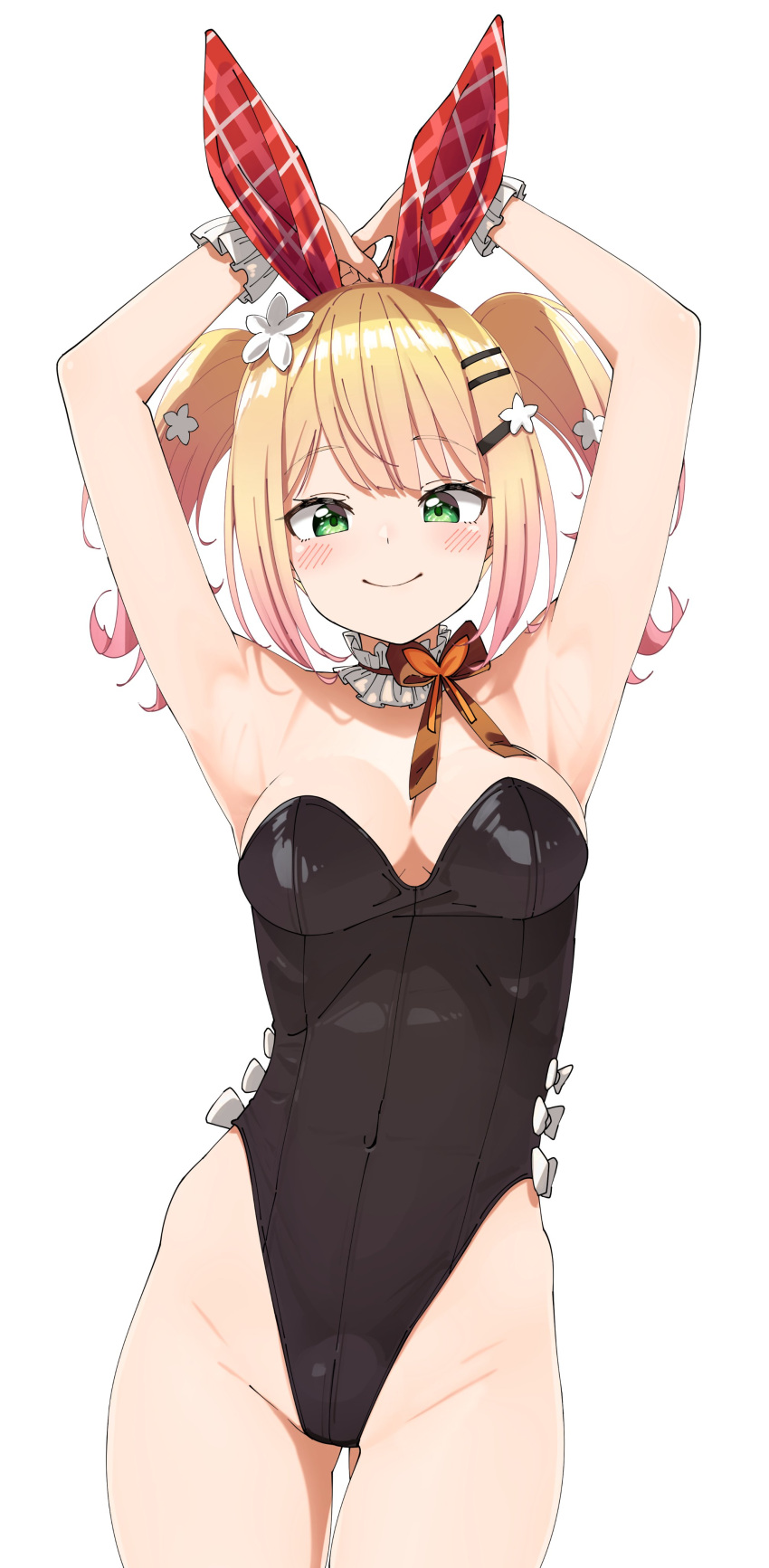 1girl absurdres armpits arms_up black_leotard blonde_hair blush breasts closed_mouth covered_navel eyebrows_visible_through_hair flower gradient_hair green_eyes hair_flower hair_ornament hairclip highleg highleg_leotard highres hololive leotard looking_at_viewer medium_breasts momosuzu_nene multicolored_hair murakami_ryouga neck_ribbon pink_hair ribbon simple_background smile solo strapless strapless_leotard twintails virtual_youtuber white_background wrist_cuffs