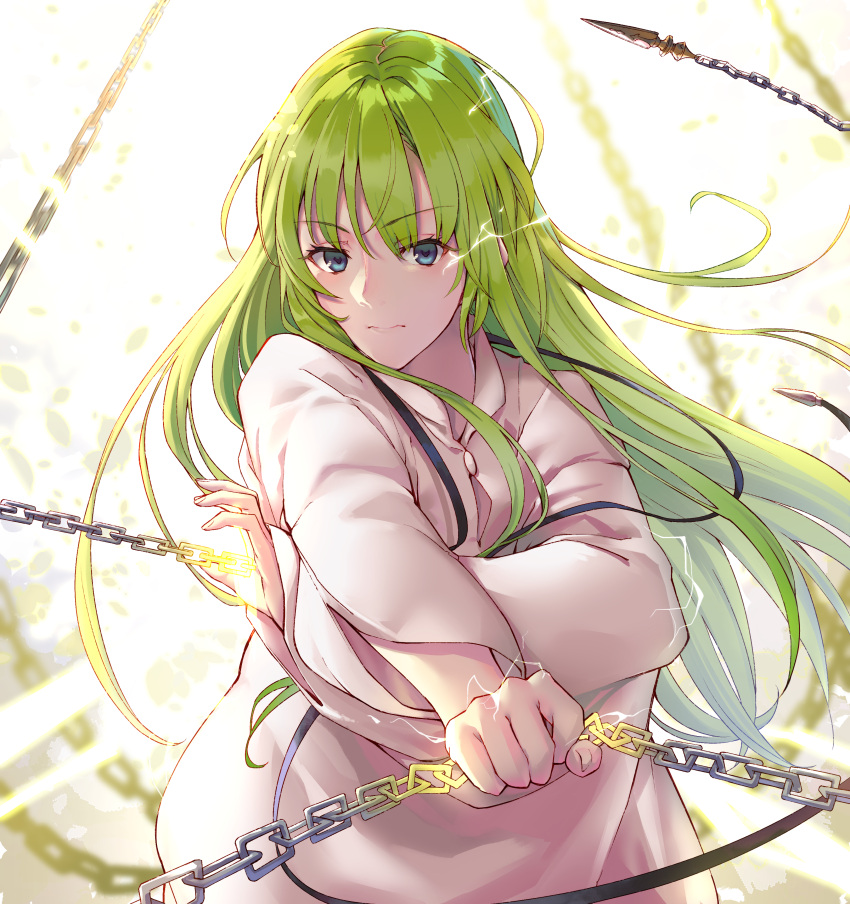 1boy absurdres androgynous bangs black_cola blue_eyes chain cloak closed_mouth enkidu_(fate) enkidu_(weapon)_(fate) fate/grand_order fate/strange_fake fate_(series) gold_chain green_hair highres long_hair looking_at_viewer solo upper_body very_long_hair white_cloak yellow_eyes
