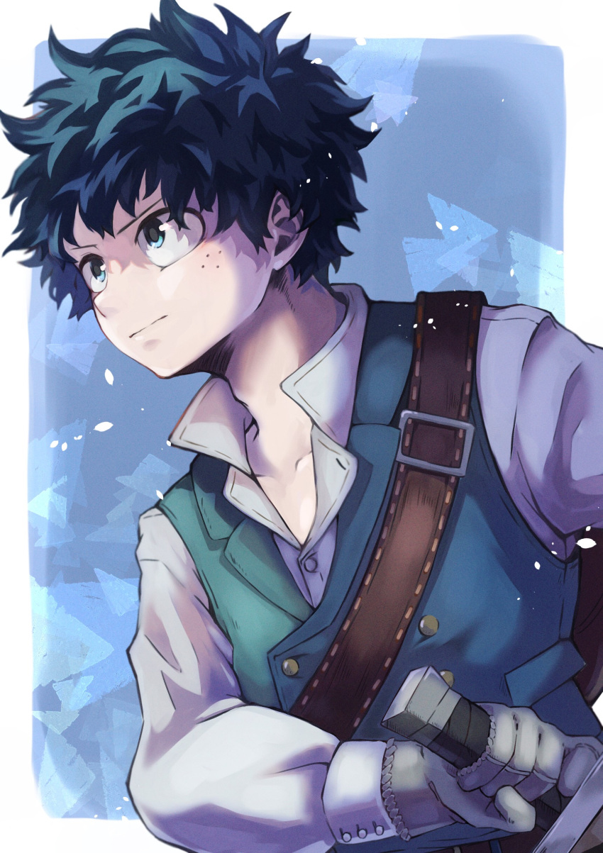 1boy absurdres alternate_costume blue_background boku_no_hero_academia border buttons closed_mouth cowboy_shot curly_hair freckles gloves green_eyes green_hair green_vest highres holding holding_sword holding_weapon long_sleeves looking_ahead male_focus medieval midoriya_izuku multicolored_background r1014-chopper sheath sheathed shirt short_hair solo sword vest weapon white_border white_shirt