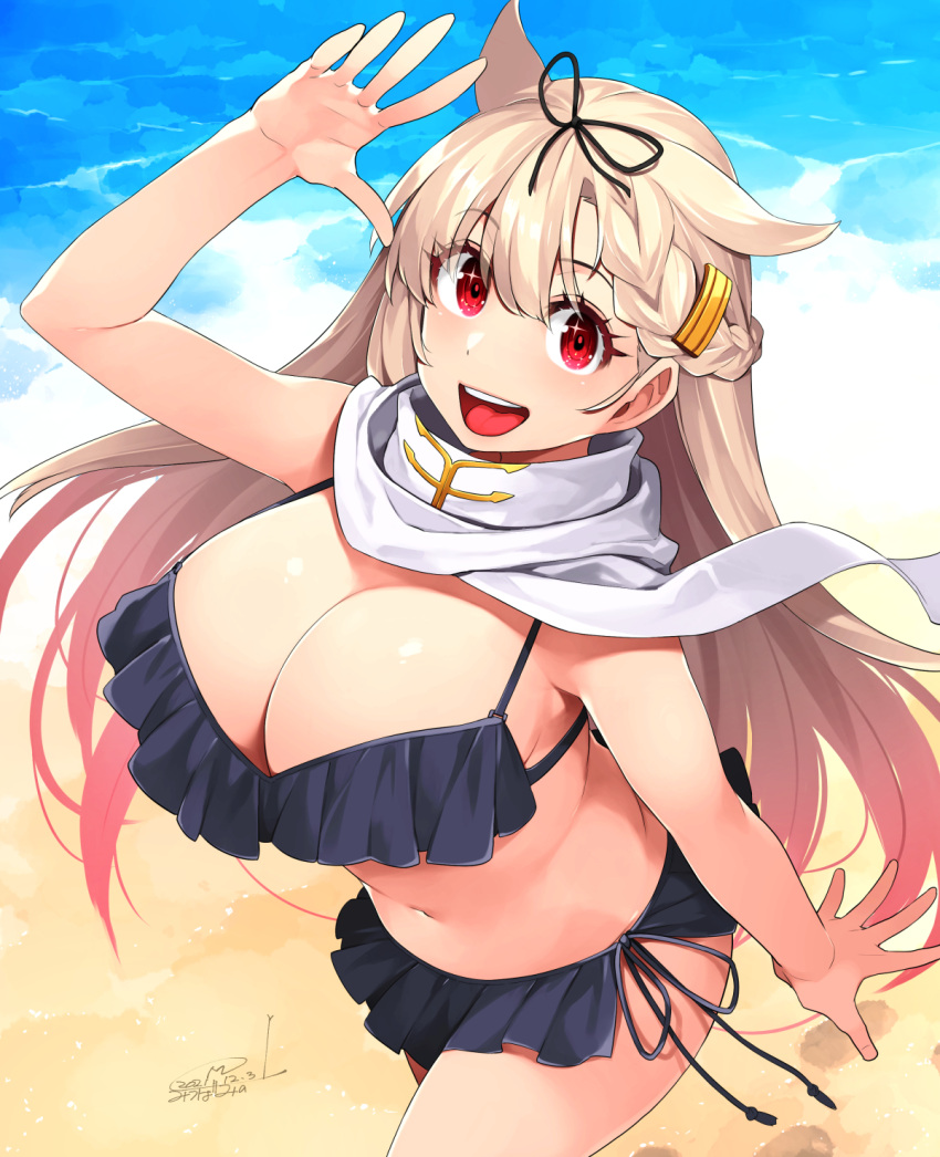 1girl :d arm_up bangs beach bikini black_bikini blonde_hair braid breasts commentary_request cowboy_shot eyebrows_visible_through_hair frilled_bikini frills hair_between_eyes hair_ornament hairclip hairy happa_(cloverppd) highres huge_breasts kantai_collection long_hair looking_at_viewer navel red_eyes remodel_(kantai_collection) sand scarf side-tie_bikini smile solo sparkling_eyes swimsuit very_long_hair water white_scarf yuudachi_(kancolle)