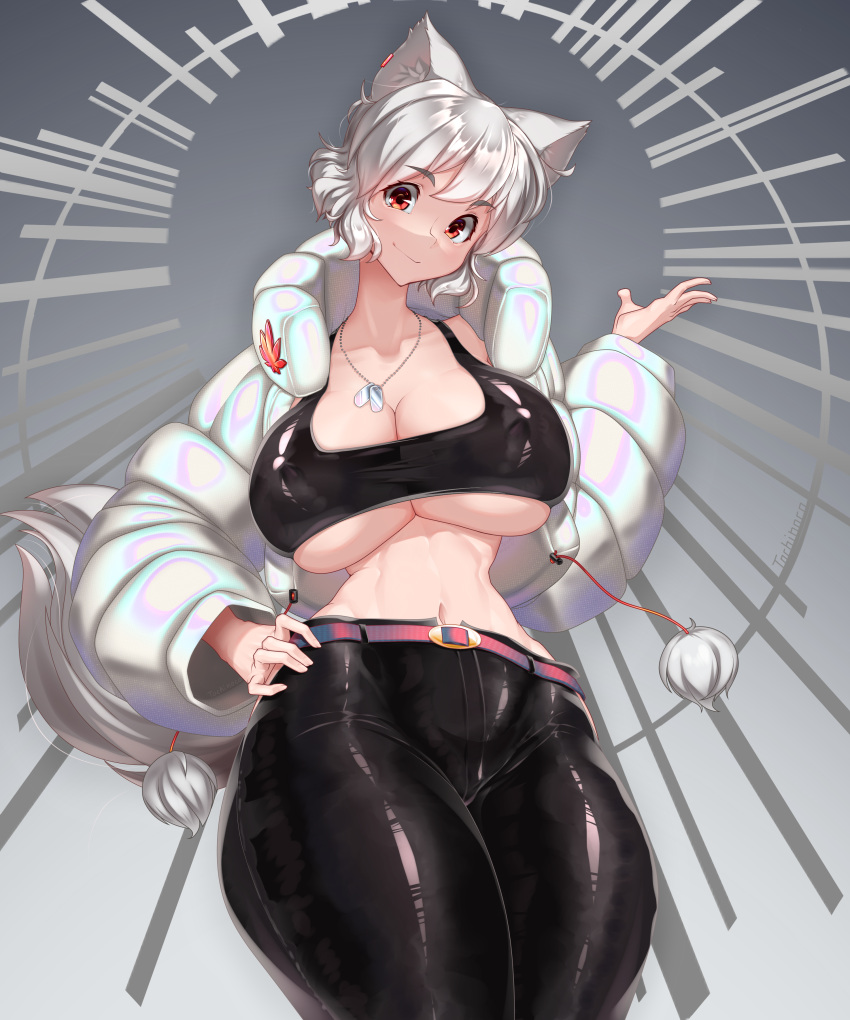 1girl absurdres animal_ears belt black_bra black_pants bra breasts cowboy_shot dog_tags down_jacket gradient gradient_background hand_on_hip hand_up highres huge_breasts inubashiri_momiji jacket looking_at_viewer midriff navel pants pom_pom_(clothes) red_eyes short_hair silver_hair smile solo sports_bra standing tail thighs tochinoko touhou underwear wolf_ears wolf_tail