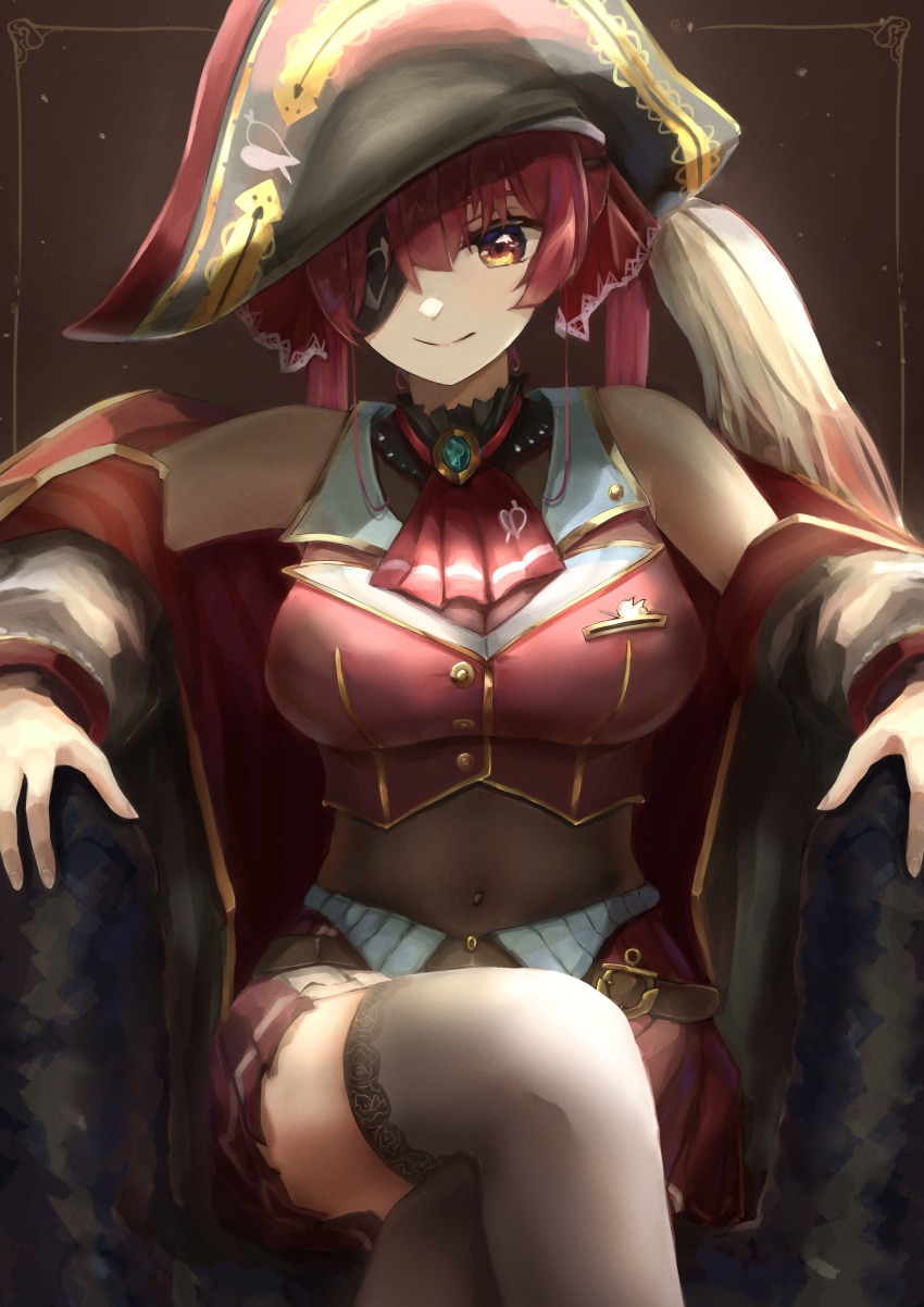1girl absurdres ascot bare_shoulders belt bicorne black_coat black_eyepatch black_legwear breasts brooch brown_belt closed_mouth coat coat_partially_removed covered_navel cropped_jacket crossed_legs eyepatch fingernails frilled_shirt_collar frills gold_trim hair_ribbon hat highres hololive houshou_marine jacket jewelry lace-trimmed_legwear lace_trim large_breasts leather_belt leotard leotard_under_clothes long_hair looking_at_viewer midriff miniskirt off_shoulder pirate pirate_hat pleated_skirt red_ascot red_eyes red_jacket red_ribbon red_skirt redhead ribbon sheer_leotard sitting skirt sleeveless sleeveless_jacket smile solo thigh-highs tonntorotororo twintails virtual_youtuber