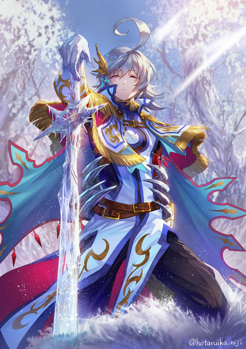 1boy ahoge alloces_(megido72) belt black_pants capelet commentary_request crystal_sword day gloves gold_trim highres holding holding_sword holding_weapon hotaruika_niji ice megido72 one_eye_closed outdoors pants red_eyes sheath silver_hair snow solo sword weapon white_gloves