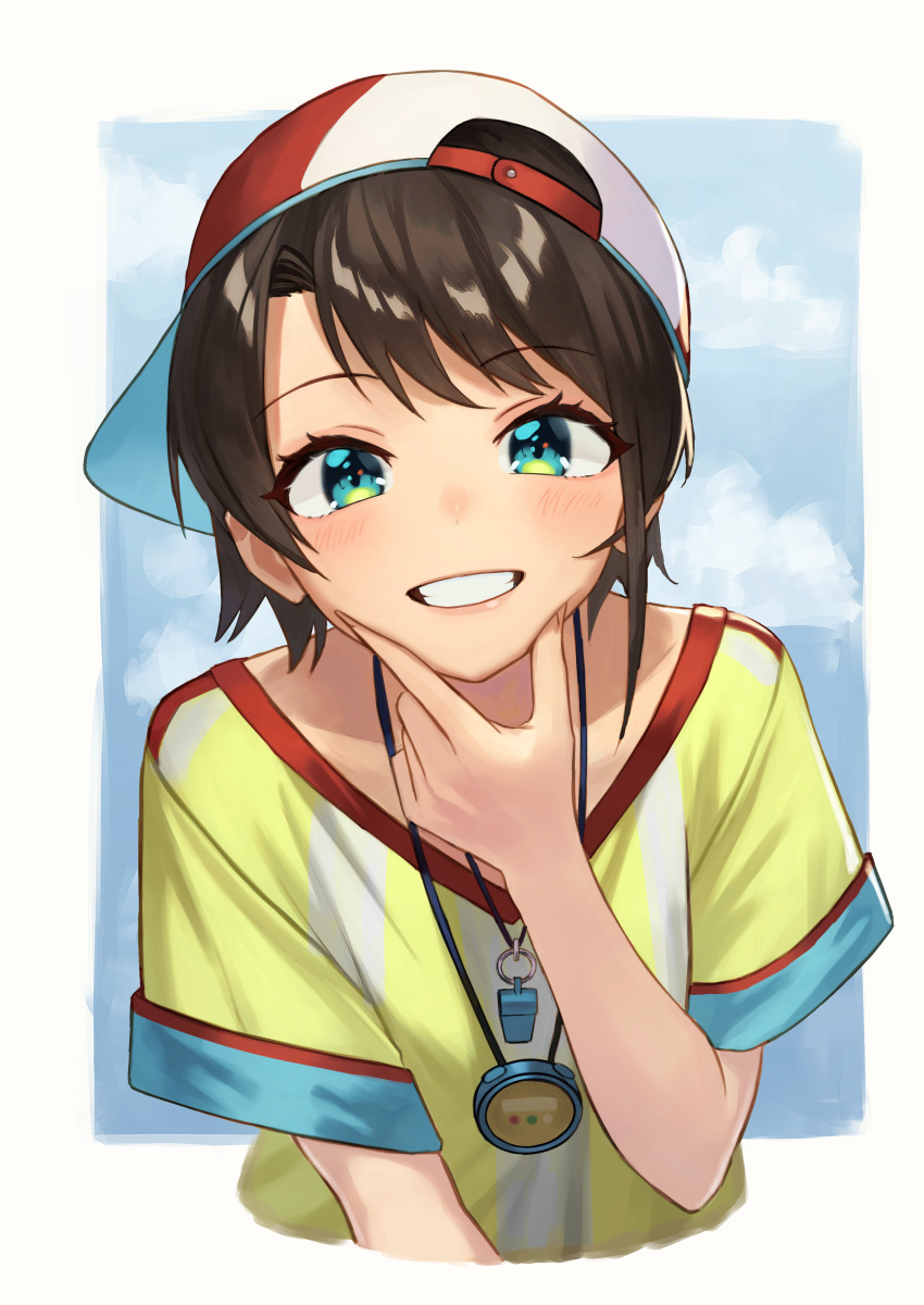 1girl absurdres bangs baseball_cap black_hair blue_background blue_eyes blush border eyebrows_visible_through_hair grin hand_on_own_chin hara_kenshi hat highres hololive leaning_forward looking_at_viewer oozora_subaru outside_border shirt short_hair short_sleeves smile solo stopwatch striped striped_shirt t-shirt upper_body v-neck virtual_youtuber watch whistle whistle_around_neck