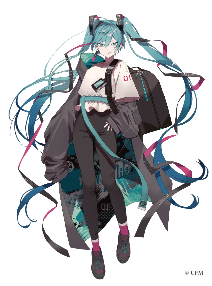 1girl absurdres alternate_costume arms_at_sides backpack bag belt black_coat black_footwear black_legwear blouse blue_belt blue_eyes blue_hair blue_nails closed_mouth coat coat_removed crypton_future_media earrings fingernails flat_chest grin hair_between_eyes hand_on_hip hatsune_miku highres hood hood_down jewelry leggings licking_lips long_hair looking_at_viewer loose_belt number_print official_art open_clothes open_coat pale_skin pink_legwear sakusya2honda shiny shiny_hair shoes simple_background single_earring sleeves_past_fingers sleeves_past_wrists smile sneakers socks solo tongue tongue_out tsurime twintails two-sided_coat very_long_hair vocaloid wavy_hair white_background white_blouse wide_sleeves
