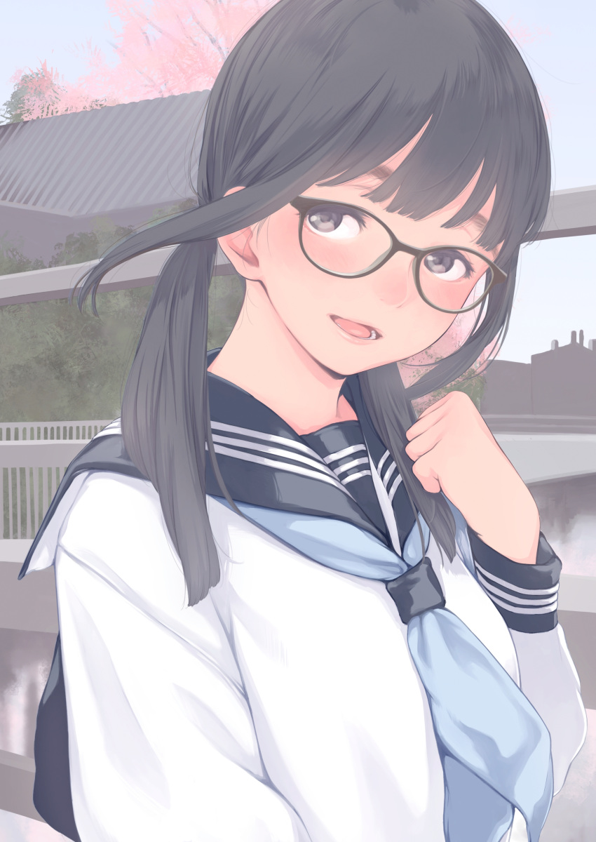 1girl :d absurdres bangs black-framed_eyewear black_eyes black_hair black_sailor_collar blouse blue_neckerchief blunt_bangs blunt_ends blush building cherry_blossoms clenched_hand comic_koh day eyebrows floating_hair from_side glasses hair_behind_ear hair_over_shoulder hand_up highres holding_strap kamo_(gafas) long_hair long_sleeves looking_at_viewer looking_to_the_side low_twintails lower_teeth neckerchief open_mouth original pale_color railing sailor_collar school_uniform serafuku sleeve_cuffs smile solo teeth tree twintails upper_body white_blouse wind