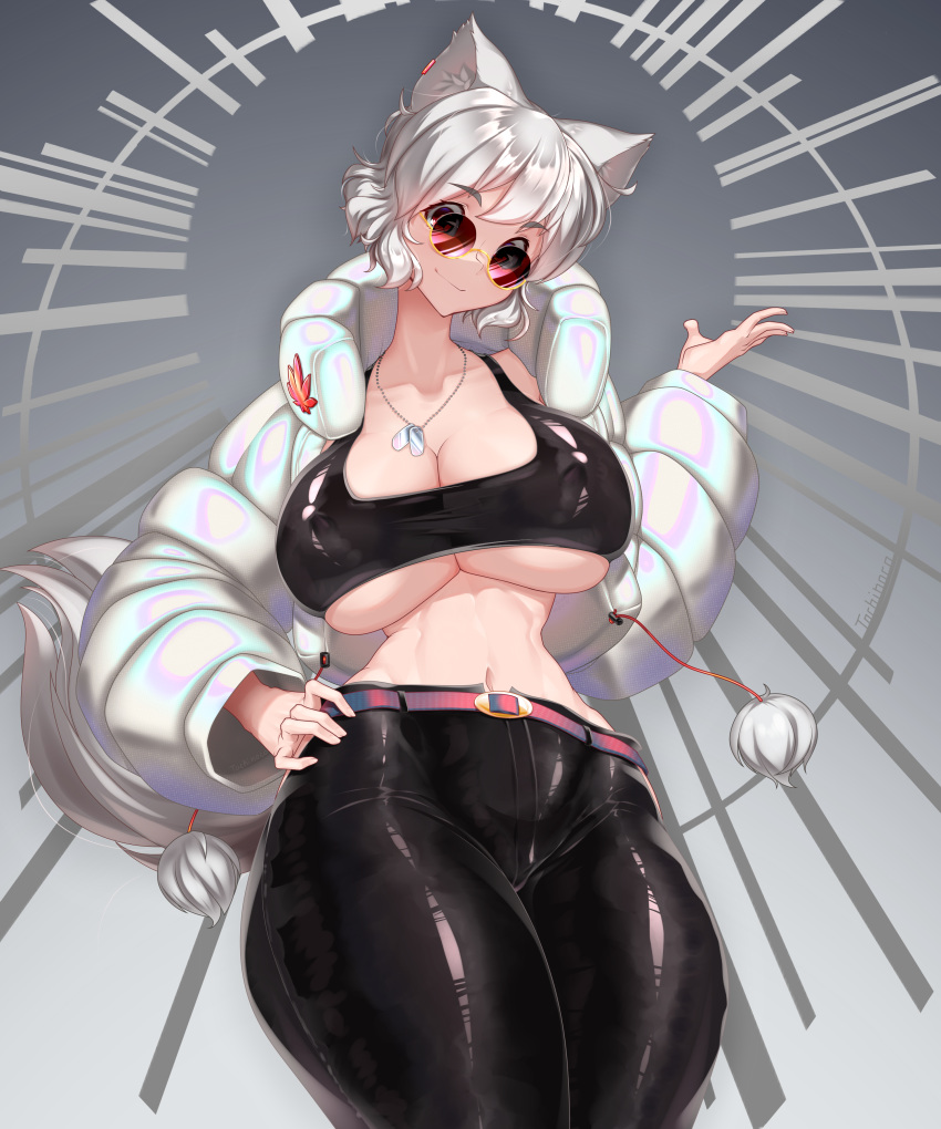1girl absurdres animal_ears belt black_bra black_pants bra breasts cowboy_shot dog_tags down_jacket gradient gradient_background hand_on_hip hand_up highres huge_breasts inubashiri_momiji jacket looking_at_viewer midriff navel pants pom_pom_(clothes) red_eyes short_hair silver_hair smile solo sports_bra standing sunglasses tail thighs tochinoko touhou underwear wolf_ears wolf_tail