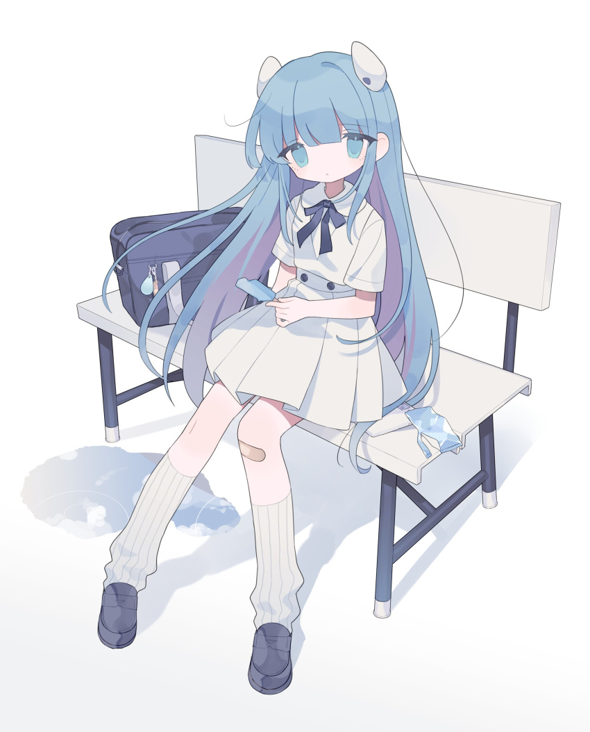 1girl absurdres bag bandaid bandaid_on_knee bandaid_on_leg bangs bench black_footwear black_ribbon blue_eyes blue_hair blunt_bangs buttons cellphone charm_(object) closed_mouth collared_shirt commentary daizu_(melon-lemon) dress food full_body headgear highres holding holding_food kneehighs loafers long_hair looking_at_viewer loose_socks neck_ribbon no_nose on_bench phone pinafore_dress pleated_dress popsicle puddle ribbed_socks ribbon school_bag shadow shirt shoes short_dress short_sleeves simple_background sitting smartphone socks solo somunia somunia_room straight_hair stray_hair symbol-only_commentary very_long_hair white_background white_dress white_shirt white_socks