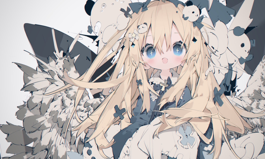 +_+ 1girl :d bangs bear_hair_ornament blonde_hair blue_bow blue_bowtie blue_dress blue_eyes blush bow bowtie dress grey_background hair_bow hair_ornament highres long_hair looking_at_viewer nanmokaken original sidelocks simple_background sleeves_past_fingers sleeves_past_wrists smile solo star_(symbol) star_hair_ornament two_side_up upper_body white_bow white_wings wings