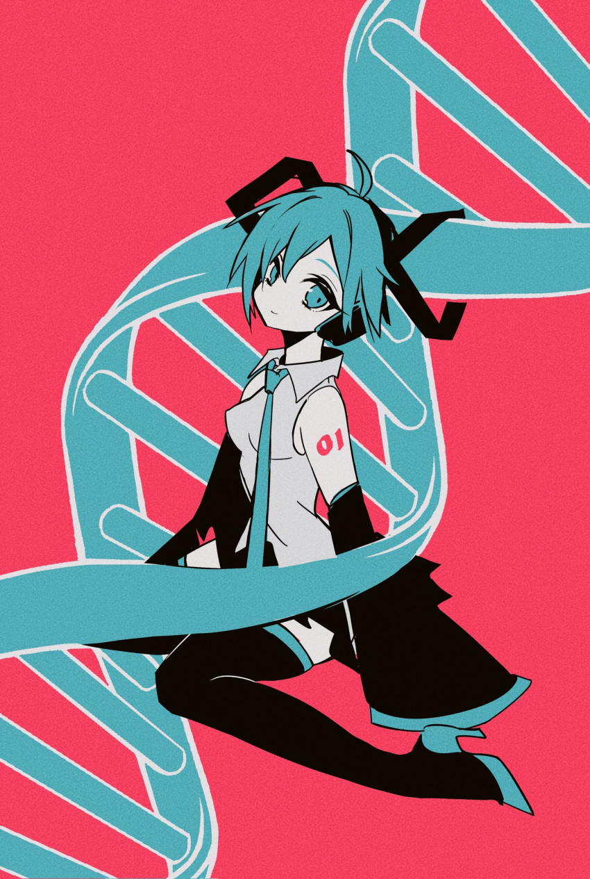 1girl arms_at_sides bare_shoulders black_footwear black_skirt blue_eyes blue_hair blue_necktie blue_theme boots breasts closed_mouth collared_shirt commentary_request detached_sleeves dna double_helix full_body grey_shirt happy hatsune_miku head_tilt headset high_heel_boots high_heels highres limited_palette narrow_waist necktie no_nose number_tattoo pale_skin pink_background pleated_skirt rinhuei shirt shoulder_tattoo simple_background skindentation skirt sleeveless sleeveless_shirt sleeves_past_fingers sleeves_past_wrists small_breasts smile solo surreal tattoo thigh-highs thigh_boots tsurime vocaloid zettai_ryouiki