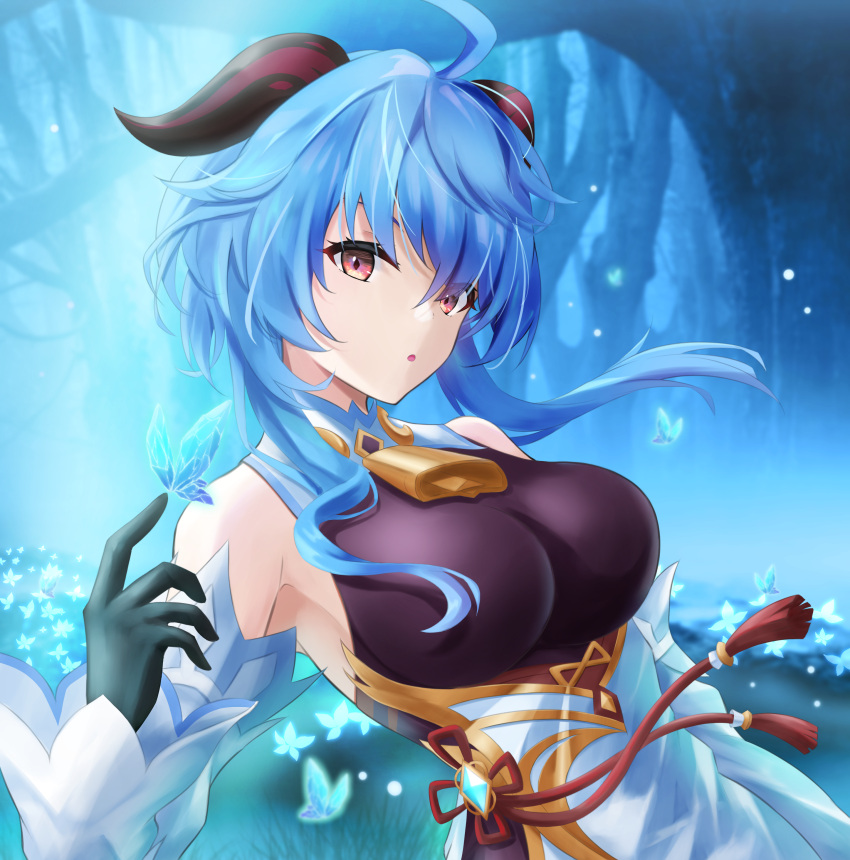 1girl :o absurdres ahoge bangs bare_shoulders bell black_gloves blue_butterfly blue_hair breasts bug butterfly chinese_clothes cowbell detached_sleeves floating_hair forest ganyu_(genshin_impact) genshin_impact gloves goat_horns gradient_eyes grass highres horns large_breasts long_hair looking_at_viewer multicolored_eyes nature neck_bell open_mouth solo tassel teru_(teru170) upper_body violet_eyes vision_(genshin_impact) yellow_eyes