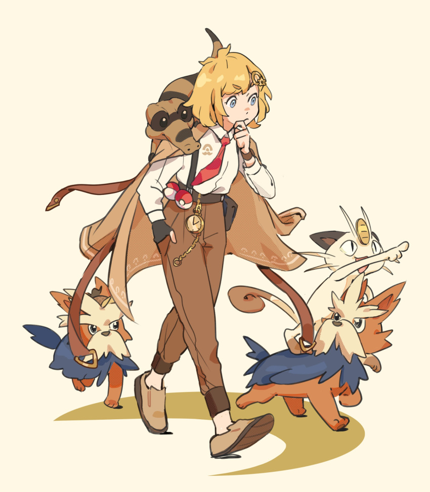 1girl absurdres belt black_belt blonde_hair blue_eyes brown_footwear brown_jacket brown_pants character_request collared_shirt eyebrows_visible_through_hair finger_to_own_chin highres hololive hololive_english jacket jacket_on_shoulders jawli looking_ahead meowth necktie pants pointing poke_ball poke_ball_(basic) pokemon red_necktie shirt short_hair solo_focus suspenders walking watson_amelia white_shirt