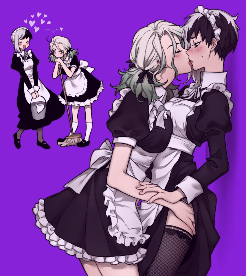 2girls asagiri_gen blush broom bucket closed_eyes dcon_34 dr._stone from_side genderswap genderswap_(mtf) hand_on_another's_thigh heart highres imminent_kiss ishigami_senkuu maid multiple_girls purple_background short_twintails sweatdrop tongue tongue_out twintails yuri