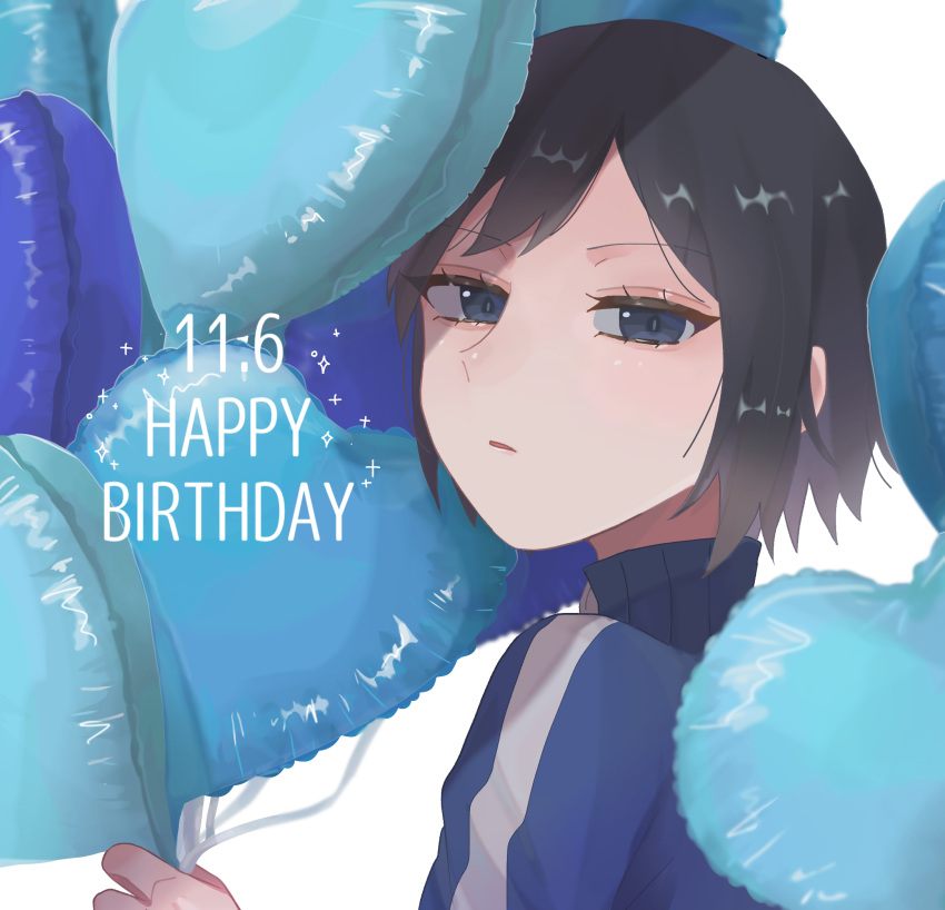 1boy balloon black_hair blue_eyes calem_(pokemon) dated hand_up happy_birthday heart_balloon highres holding holding_balloon looking_at_viewer nanohananobon pokemon pokemon_(game) pokemon_adventures pokemon_xy short_hair simple_background solo upper_body white_background