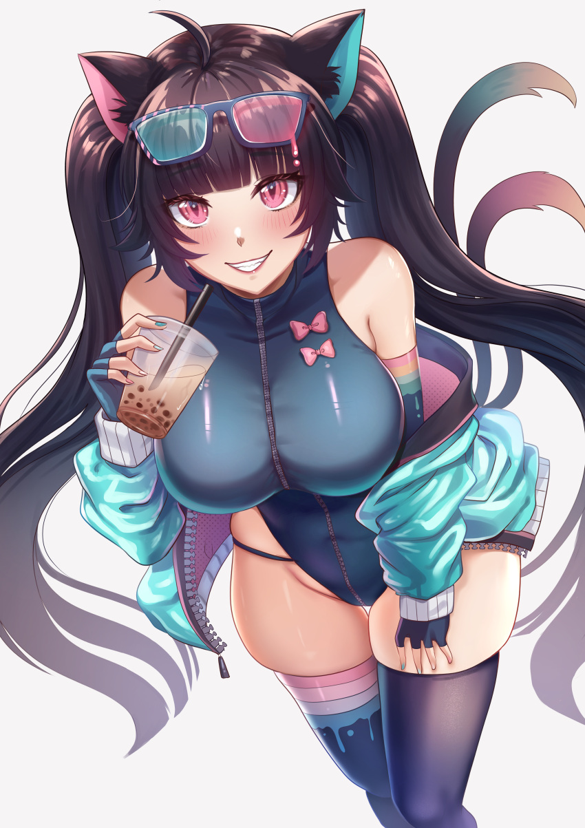 1girl absurdres ahoge animal_ear_fluff animal_ears aqua_jacket aqua_nails bangs bare_shoulders black_hair black_legwear blue_gloves blue_legwear blush bow breasts cat_ears cat_tail commentary cup disposable_cup drinking_straw english_commentary eyebrows_visible_through_hair eyewear_on_head fingerless_gloves fino_ko glasses gloves hand_on_own_leg hand_up highres holding holding_cup indie_virtual_youtuber jacket large_breasts long_hair looking_at_viewer nail_polish nyana_(vtuber) off_shoulder open_clothes open_jacket pink_bow pink_eyes simple_background skindentation slit_pupils smile solo standing tail thigh-highs thighs twintails unzipped very_long_hair virtual_youtuber zipper