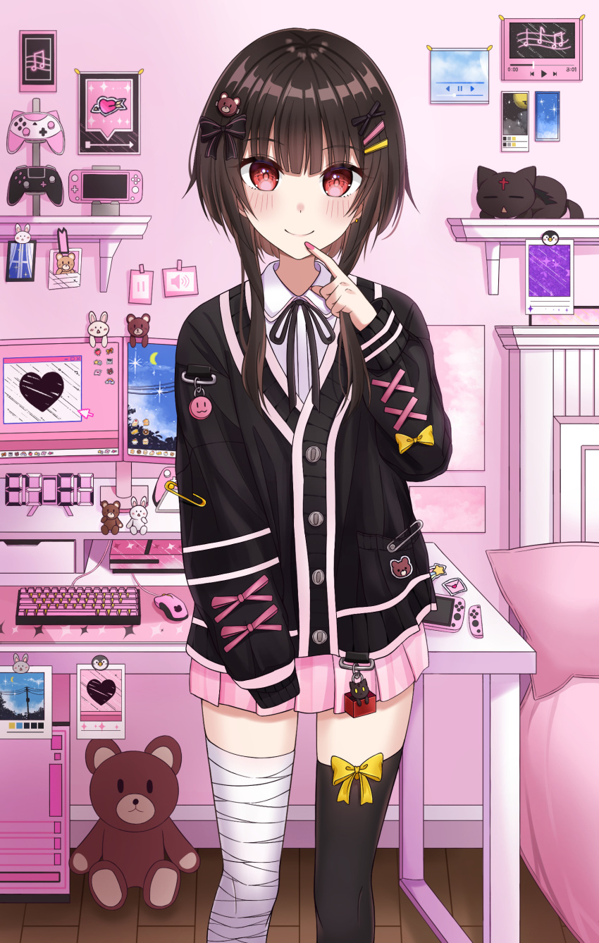 1girl absurdres alternate_costume asymmetrical_legwear bandaged_leg bandages bangs bed black_cat black_legwear black_ribbon blush bow buttons cardigan cat charm_(object) chomusuke collared_shirt commentary_request computer controller desk earrings hair_bow hair_ornament hairclip hand_up heart highres holding holding_hair index_finger_raised indoors jewelry joy-con keyboard_(computer) kono_subarashii_sekai_ni_shukufuku_wo! lin_ha long_sleeves looking_at_viewer megumin mismatched_legwear monitor mouse_(computer) musical_note nail_polish neck_ribbon nintendo_switch_lite nintendo_switch_pro_controller pause_button pillow pink_nails pleated_skirt red_eyes ribbon shirt short_hair_with_long_locks single_thighhigh skirt sleeping sleeves_past_fingers sleeves_past_wrists smile standing stuffed_animal stuffed_toy teddy_bear thigh-highs triangle_mouth volume_symbol wings wooden_floor x_hair_ornament yellow_bow