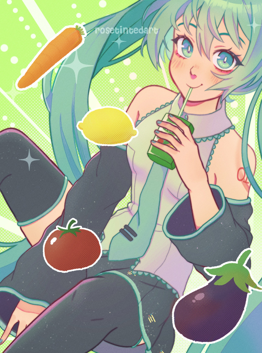 1girl absurdres aqua_eyes aqua_hair aqua_necktie artist_name bare_shoulders between_legs black_legwear black_skirt blue_nails bright_pupils carrot collared_shirt detached_sleeves drinking drinking_straw eggplant fingernails food fruit green_background grey_shirt halftone halftone_background hand_between_legs hatsune_miku highres holding juice_box lemon light_blush light_particles long_hair looking_at_viewer necktie number_tattoo pleated_skirt polka_dot polka_dot_background poppippoo_(vocaloid) rosetintedart shirt shoulder_tattoo simple_background skirt sleeveless sleeveless_shirt smile solo striped striped_background tattoo thigh-highs tie_clip tomato twintails vegetable very_long_hair vocaloid white_pupils zettai_ryouiki