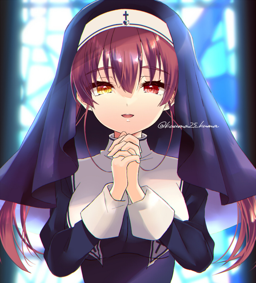 1girl breasts eyebrows_visible_through_hair habit heterochromia highres hololive houshou_marine interlocked_fingers kuuma25_kuma large_breasts long_hair looking_at_viewer nun own_hands_clasped own_hands_together parted_lips red_eyes redhead smile twintails twitter_username upper_body virtual_youtuber yellow_eyes