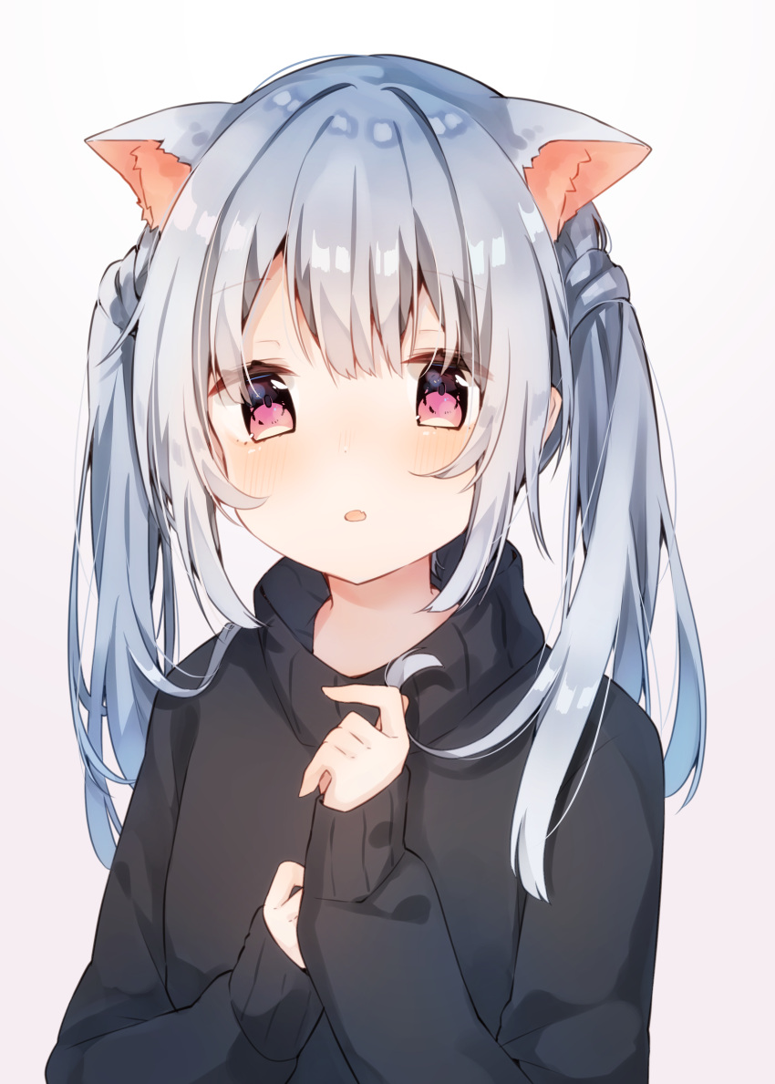 1girl absurdres animal_ear_fluff bangs black_sweater blush eyebrows_visible_through_hair fang gradient gradient_background heripiro highres long_hair looking_at_viewer open_mouth original red_eyes silver_hair simple_background skin_fang solo sweater upper_body white_background