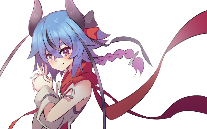 1other bare_shoulders blue_hair braid collar collared_shirt detached_sleeves from_side hair_flaps hair_ribbon highres horns interlocked_fingers kashisuover long_hair looking_at_viewer looking_to_the_side meika_mikoto multicolored_hair own_hands_together pink_eyes pink_hair red_collar ribbon shirt sleeveless sleeveless_shirt smile solo thick_eyebrows two-tone_hair upper_body vocaloid white_background white_shirt white_sleeves