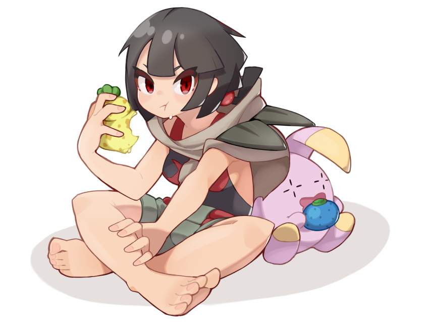 1girl :t absurdres barefoot belt berry_(pokemon) black_hair black_shirt breasts cloak closed_mouth commentary eating full_body grey_shorts hand_up highres holding looking_at_viewer oran_berry pokemon pokemon_(creature) pokemon_(game) pokemon_oras red_belt red_eyes rope_belt shirt short_shorts shorts sitrus_berry sitting suiran2822 toes whismur zinnia_(pokemon)