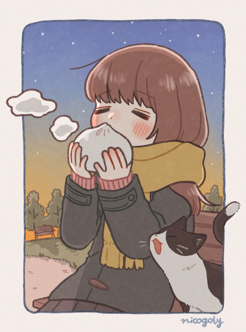 1girl artist_name bangs baozi bench blush brown_hair cat closed_eyes coat commentary_request food hands_up highres holding holding_food long_hair nicogoly original outdoors park_bench scarf sitting solo star_(sky) steam sunset tree upper_body yellow_scarf