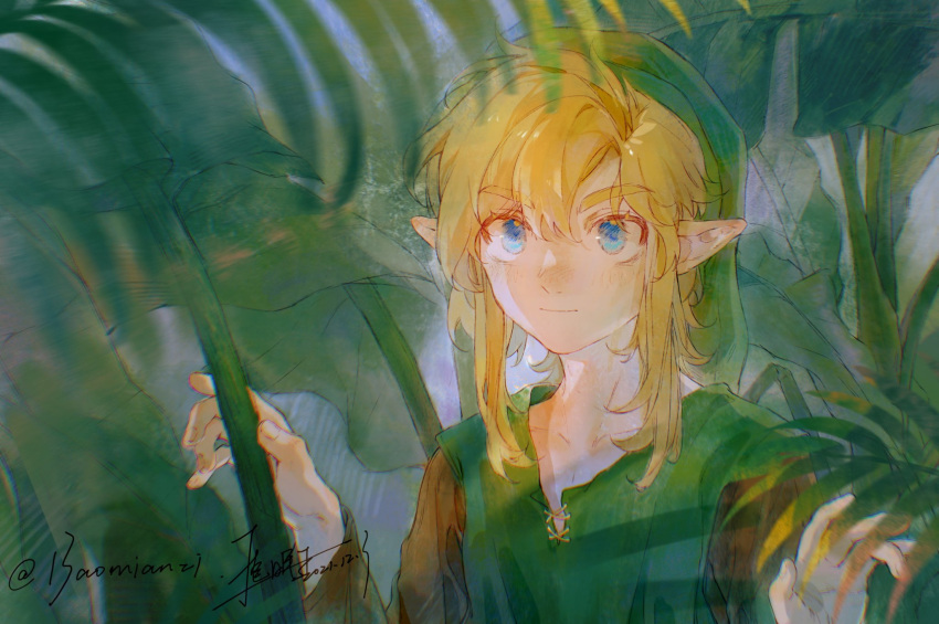 1boy bangs baomianzi blonde_hair blue_eyes brown_shirt collarbone commentary_request eyelashes green_headwear green_tunic hair_between_eyes hands_up hat highres leaf link long_sleeves male_focus pointy_ears shirt solo the_legend_of_zelda the_legend_of_zelda:_link's_awakening twitter_username upper_body