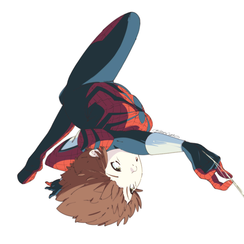 1girl :o absurdres bodysuit breasts brown_eyes brown_hair floating_hair gloves highres looking_ahead marvel mask mask_removed mayday_parker medium_breasts open_mouth red_bodysuit short_hair solo spider-girl spider-man_(series) spider_web_print superhero thejg upside-down white_background