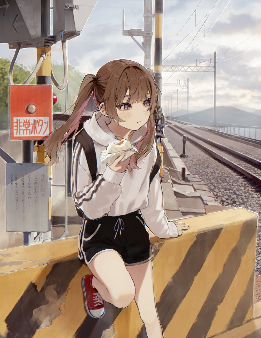 1girl absurdres backpack bag bangs baozi blush breasts brown_eyes brown_hair clouds daluto_(hitomi555) eating food highres hood hoodie long_hair mountain original outdoors railroad_crossing railroad_tracks shorts solo twintails