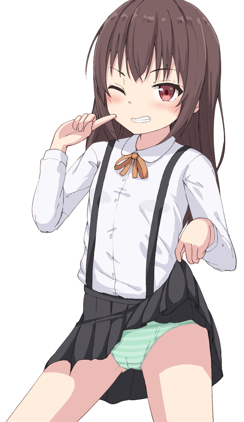 1girl ass_visible_through_thighs bangs brown_hair brown_ribbon clothes_lift collared_shirt commentary_request dress_shirt eyebrows_visible_through_hair grin hand_up highres hippo_(hirople) lifted_by_self long_hair looking_at_viewer neck_ribbon original panties pleated_skirt red_eyes ribbon shirt simple_background skirt skirt_lift smile solo striped striped_panties suspender_skirt suspenders underwear very_long_hair white_background white_shirt