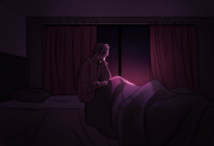 1boy ace_attorney bed blanket curtains dark hand_on_own_face highres male_focus menchimi miles_edgeworth night on_bed sitting sitting_on_bed solo waking_up